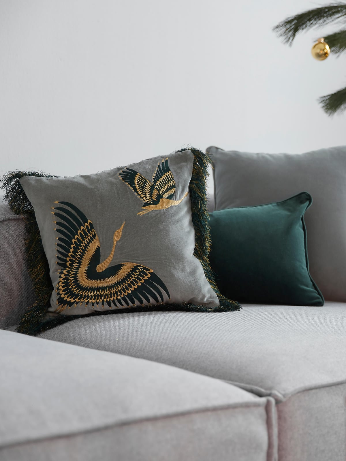 Onyx Embroidered Velvet Cushion Cover with Fringes