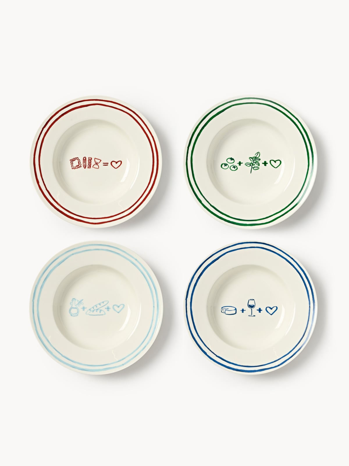 Tutti Porcelain Pasta Plates with Decorative Motif, Set of 4