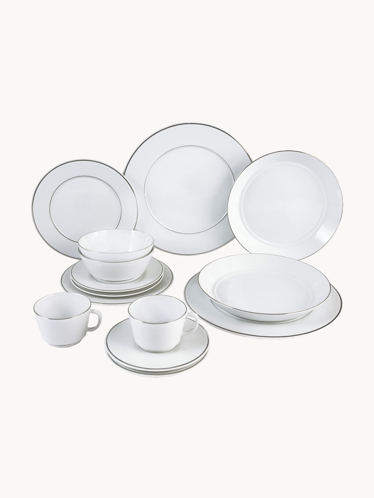 Vitruv Handmade Porcelain Tableware Set with Hand-Painted Platinum Rim, 2 People, Set of 14